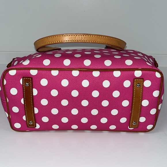 Dooney & Bourke large pink & white polka dots tote w/leather straps and trim. - Picture 4 of 9